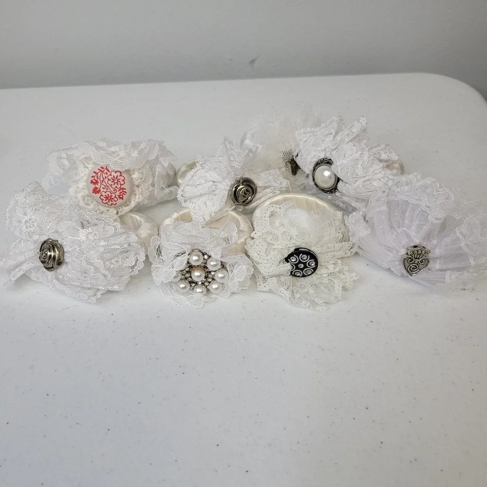 8pc Vintage White Lace Napkin Rings‎ Shabby Chic Faux Pearl Floral Butterfly
